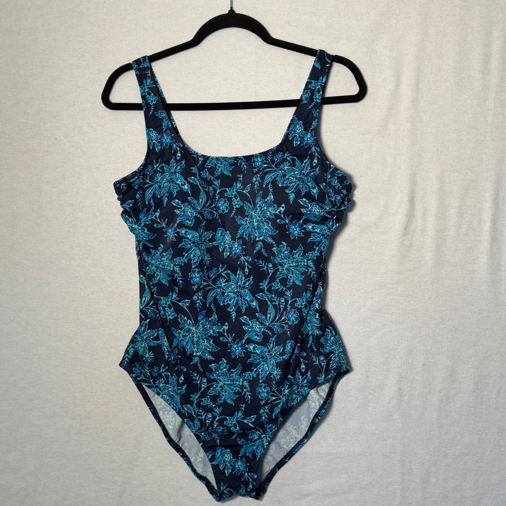 Lands End Womens Blue Floral One Piece Swimsuit Scoop Neck Soft Cup Size 16